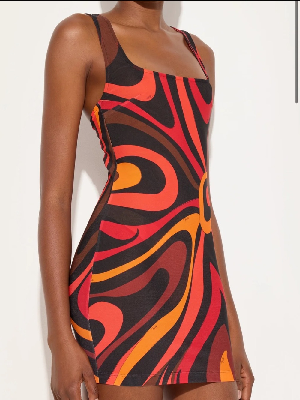 Emilio Pucci Black Mini Dress with Red and Orange Swirl Print